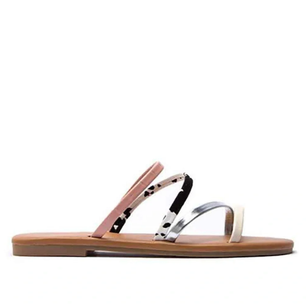 Pink Multi Color Vegan Leather Strappy Slide Sandals Size 6